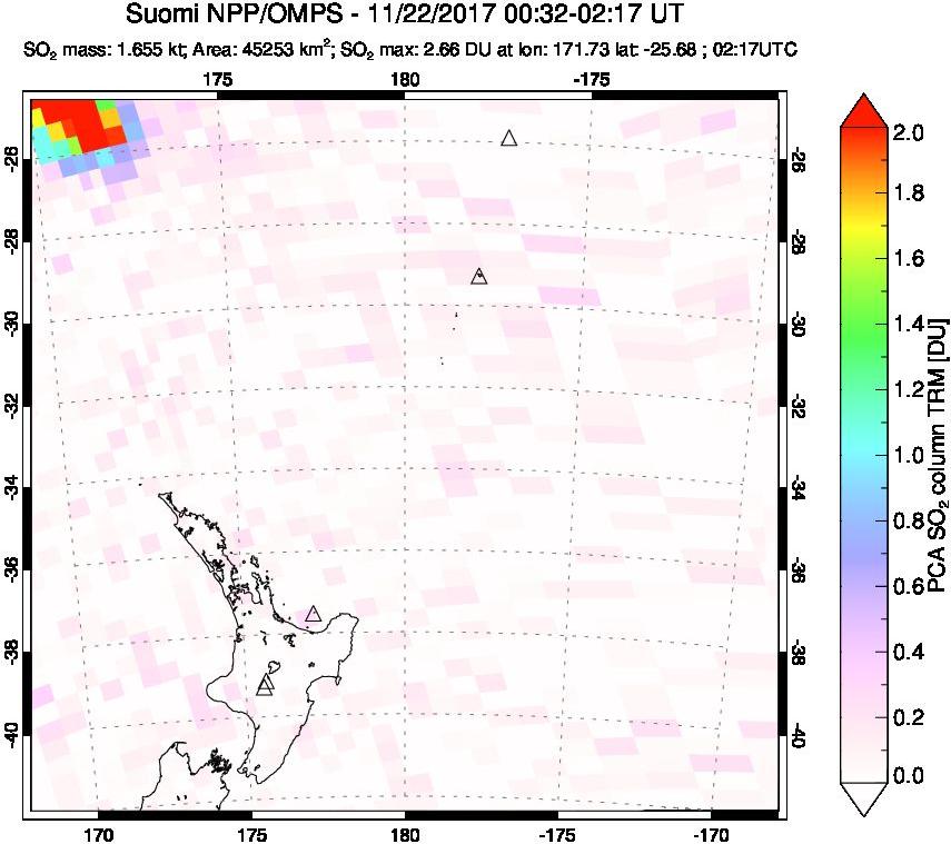 A sulfur dioxide image over New Zealand on Nov 22, 2017.