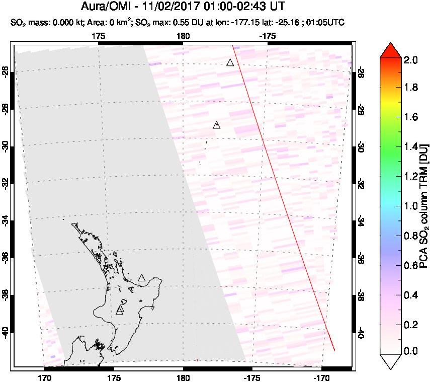 A sulfur dioxide image over New Zealand on Nov 02, 2017.