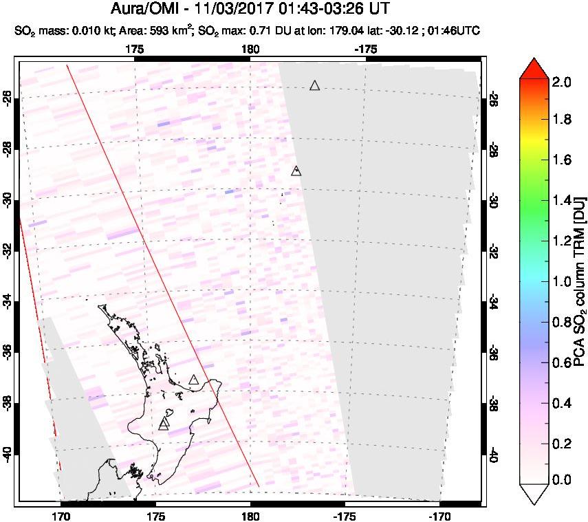 A sulfur dioxide image over New Zealand on Nov 03, 2017.