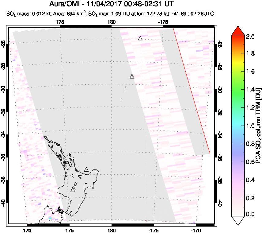 A sulfur dioxide image over New Zealand on Nov 04, 2017.