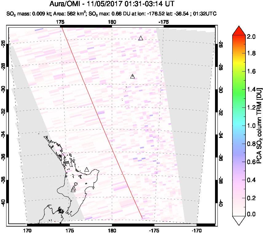A sulfur dioxide image over New Zealand on Nov 05, 2017.