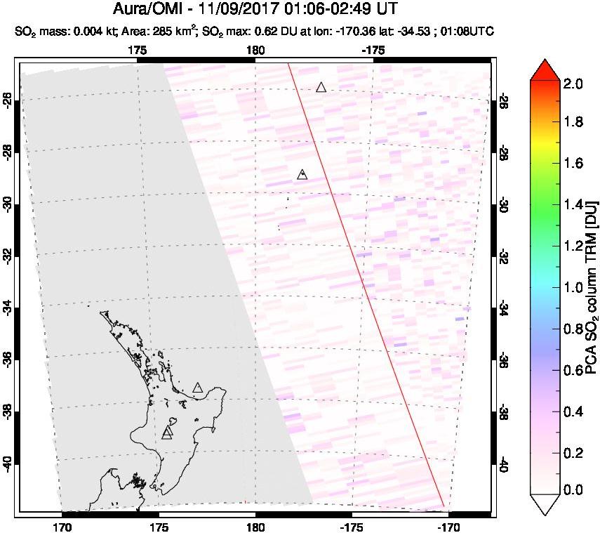A sulfur dioxide image over New Zealand on Nov 09, 2017.