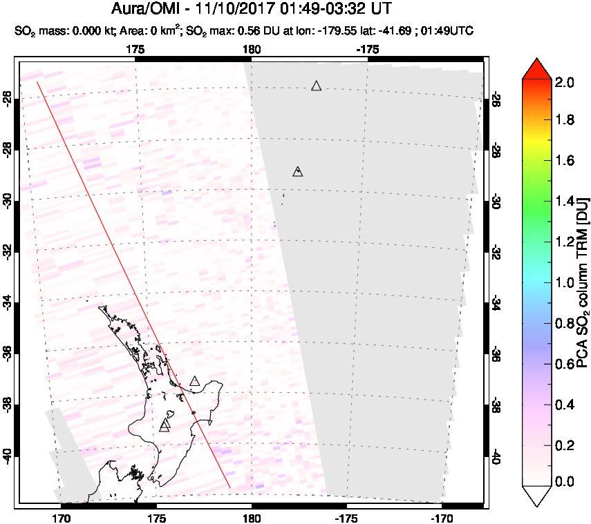 A sulfur dioxide image over New Zealand on Nov 10, 2017.