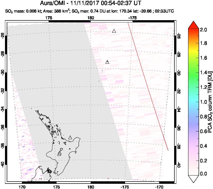 A sulfur dioxide image over New Zealand on Nov 11, 2017.
