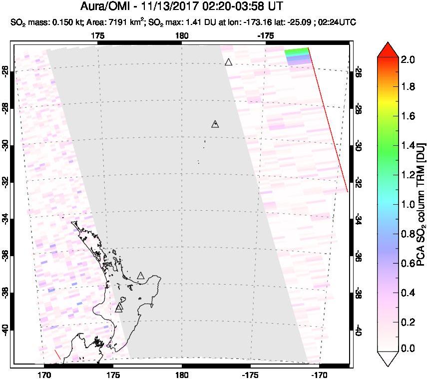 A sulfur dioxide image over New Zealand on Nov 13, 2017.