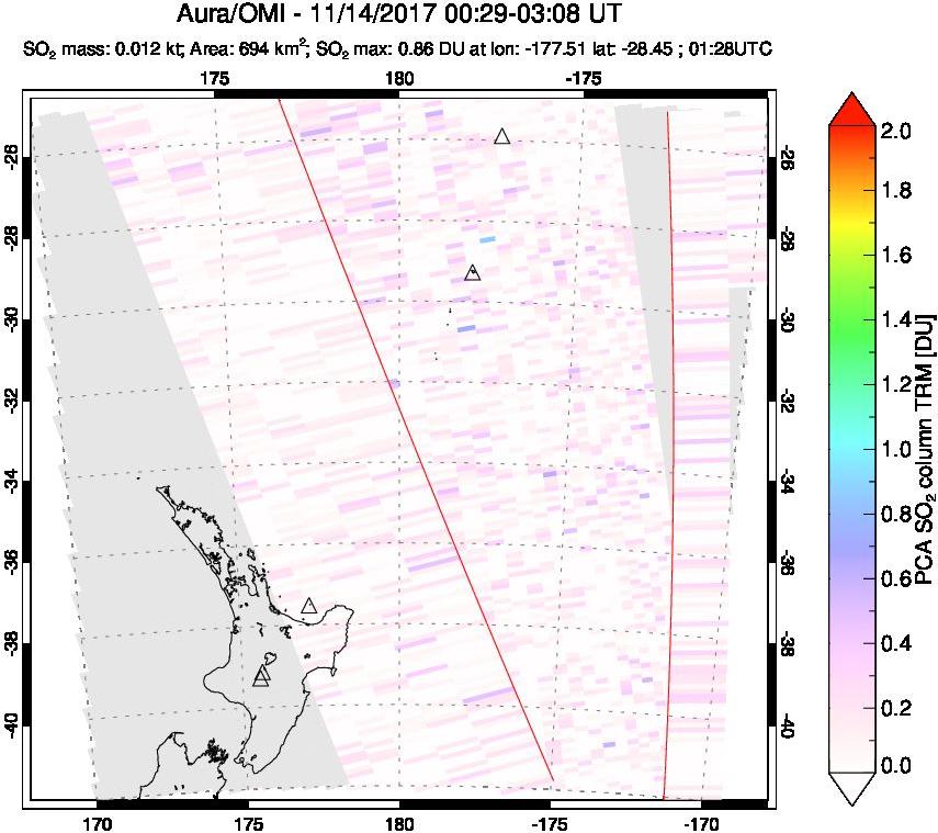 A sulfur dioxide image over New Zealand on Nov 14, 2017.