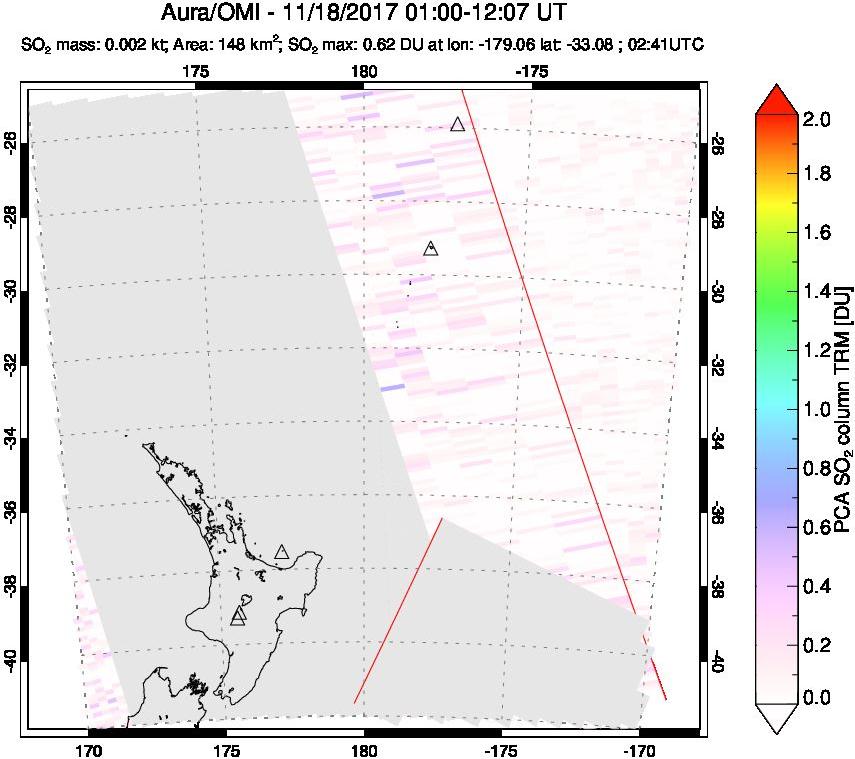 A sulfur dioxide image over New Zealand on Nov 18, 2017.
