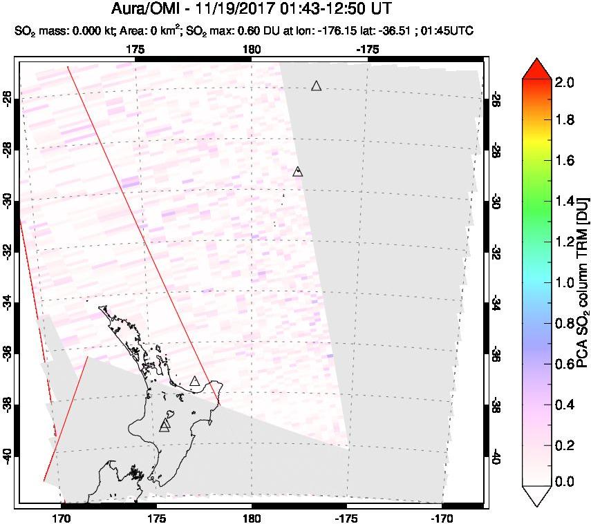 A sulfur dioxide image over New Zealand on Nov 19, 2017.