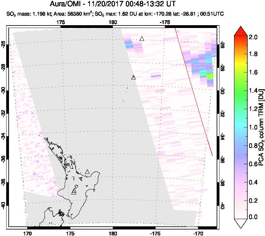 A sulfur dioxide image over New Zealand on Nov 20, 2017.