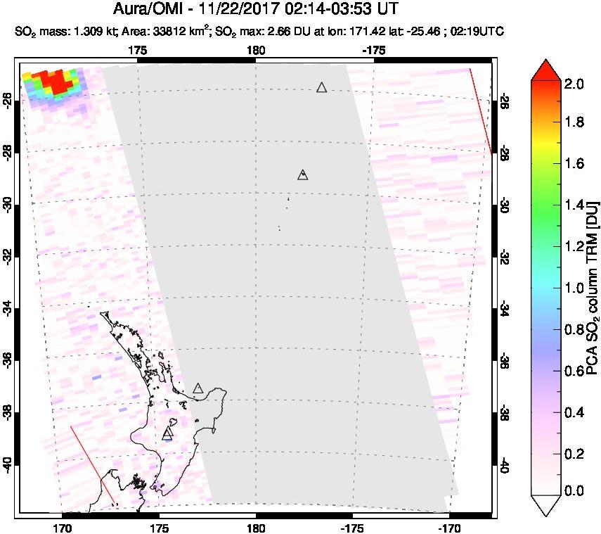 A sulfur dioxide image over New Zealand on Nov 22, 2017.