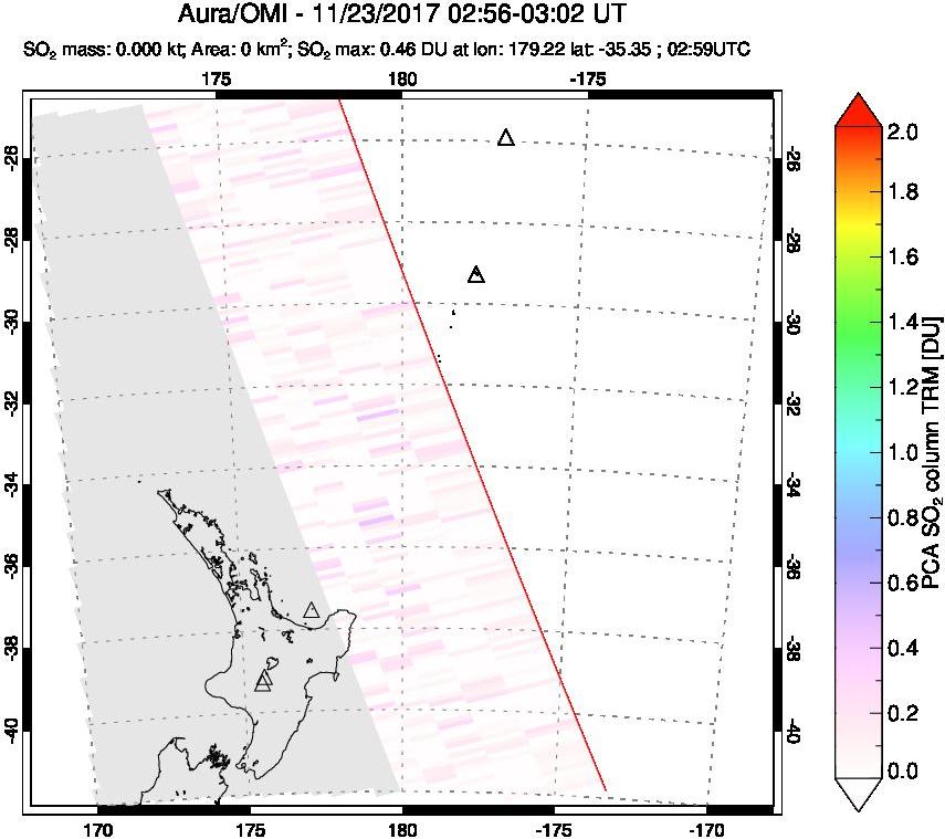 A sulfur dioxide image over New Zealand on Nov 23, 2017.