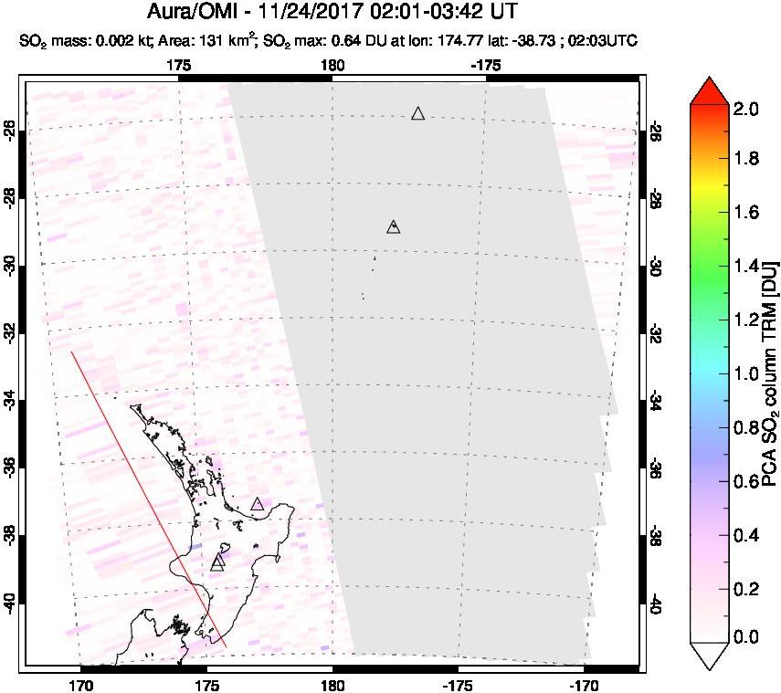 A sulfur dioxide image over New Zealand on Nov 24, 2017.