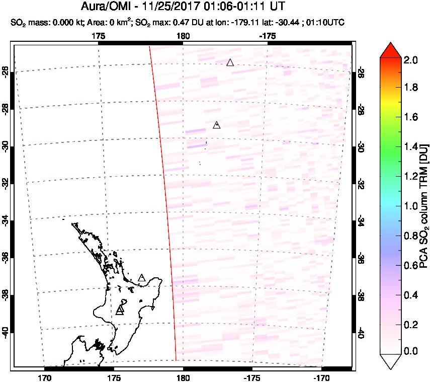 A sulfur dioxide image over New Zealand on Nov 25, 2017.