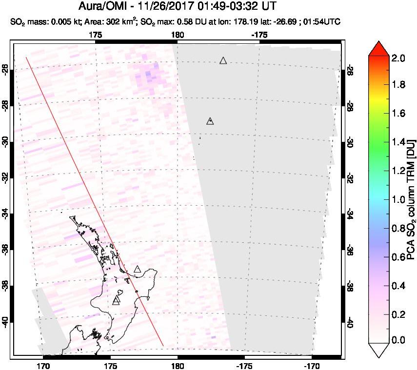 A sulfur dioxide image over New Zealand on Nov 26, 2017.