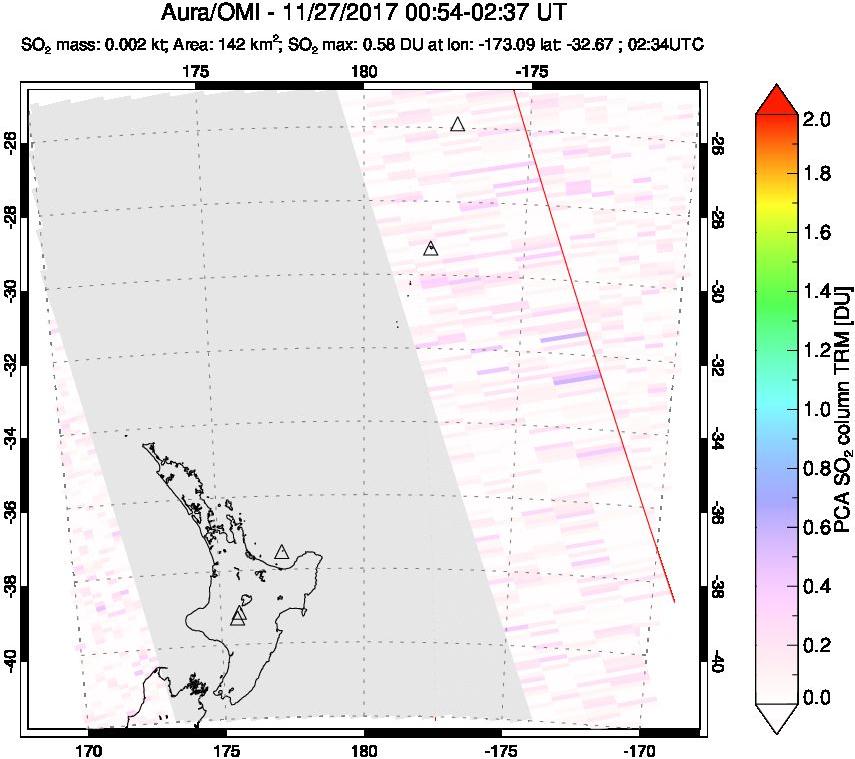 A sulfur dioxide image over New Zealand on Nov 27, 2017.
