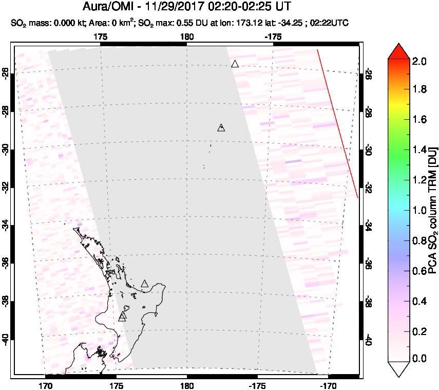 A sulfur dioxide image over New Zealand on Nov 29, 2017.