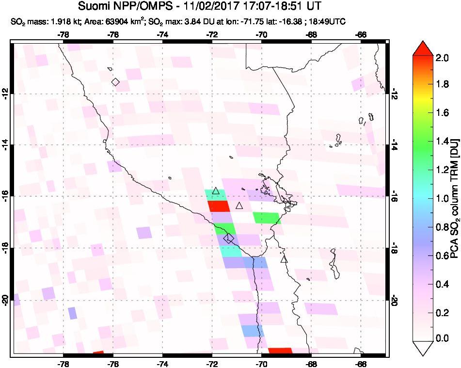 A sulfur dioxide image over Peru on Nov 02, 2017.
