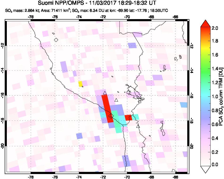 A sulfur dioxide image over Peru on Nov 03, 2017.