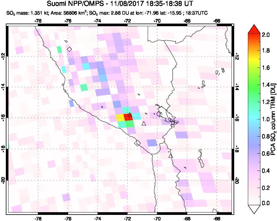 A sulfur dioxide image over Peru on Nov 08, 2017.