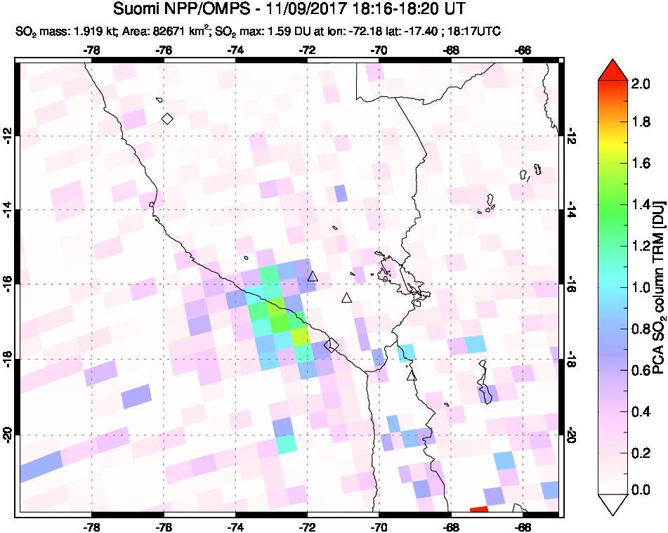 A sulfur dioxide image over Peru on Nov 09, 2017.