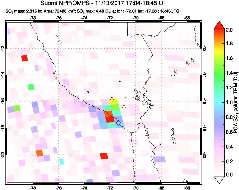 A sulfur dioxide image over Peru on Nov 13, 2017.