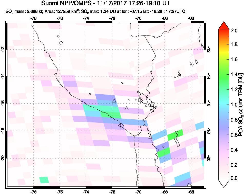 A sulfur dioxide image over Peru on Nov 17, 2017.