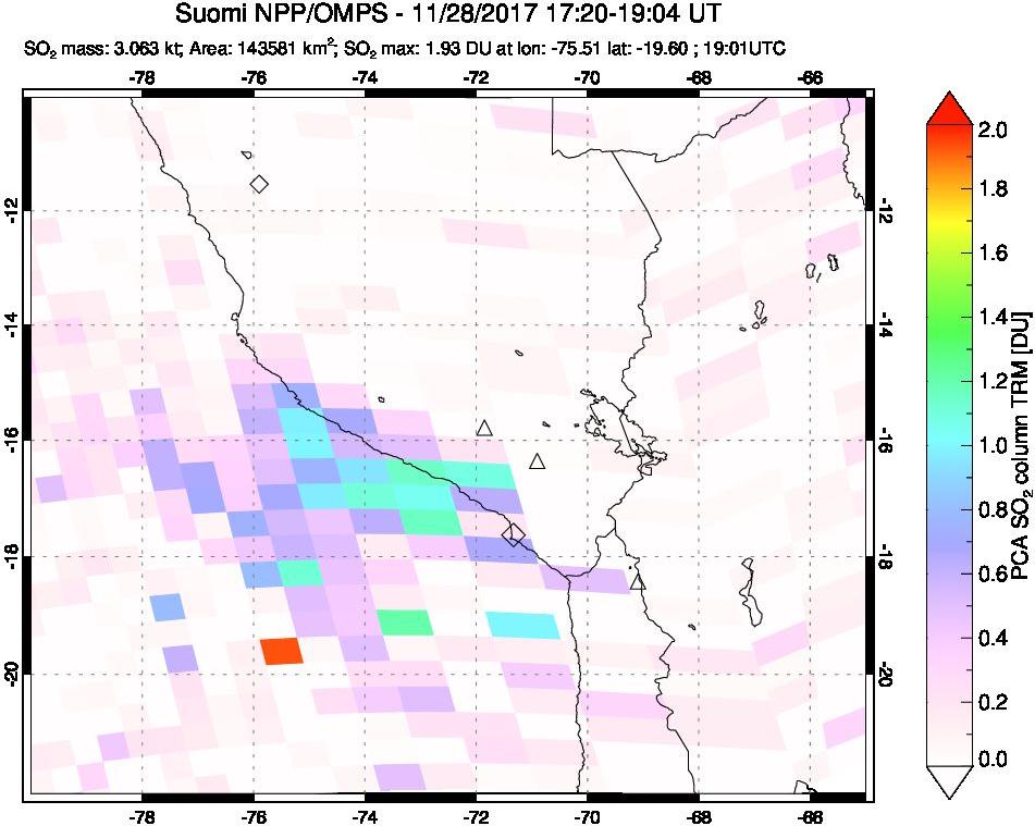 A sulfur dioxide image over Peru on Nov 28, 2017.