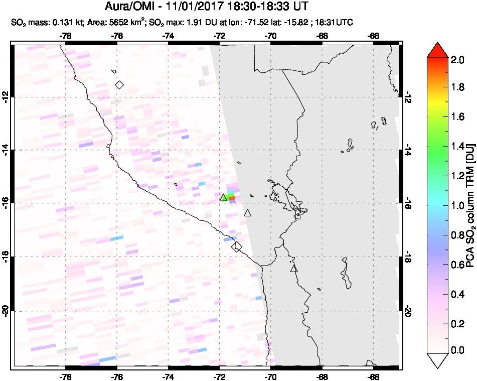 A sulfur dioxide image over Peru on Nov 01, 2017.