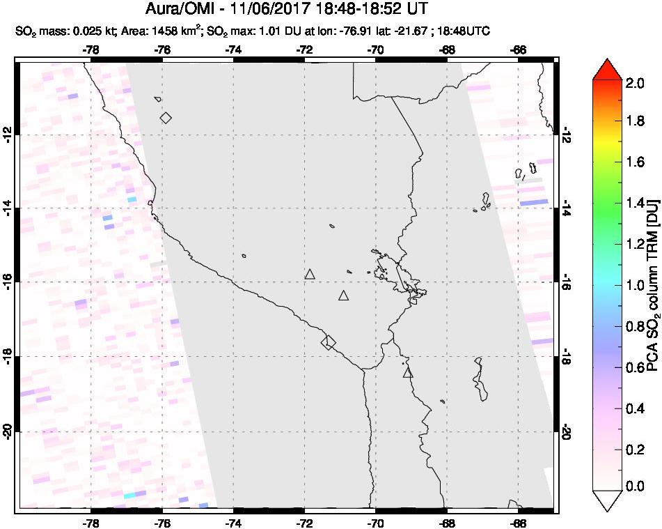 A sulfur dioxide image over Peru on Nov 06, 2017.