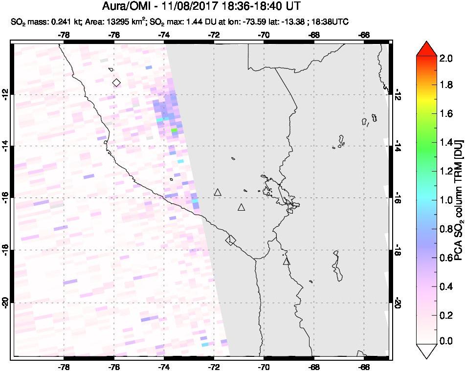 A sulfur dioxide image over Peru on Nov 08, 2017.