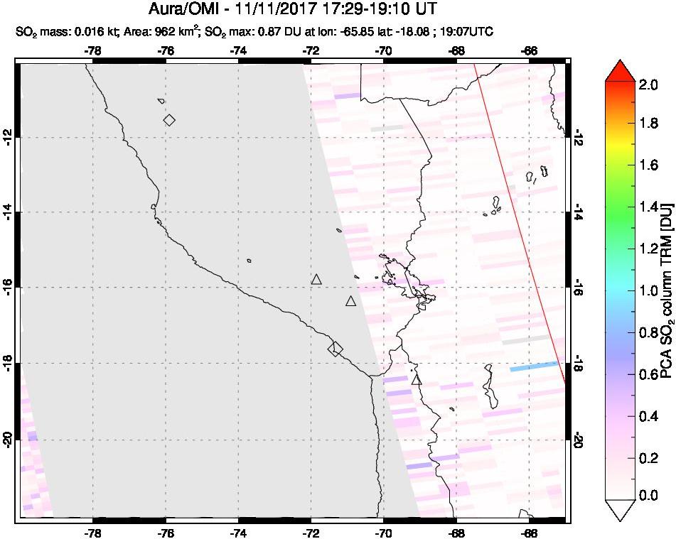A sulfur dioxide image over Peru on Nov 11, 2017.