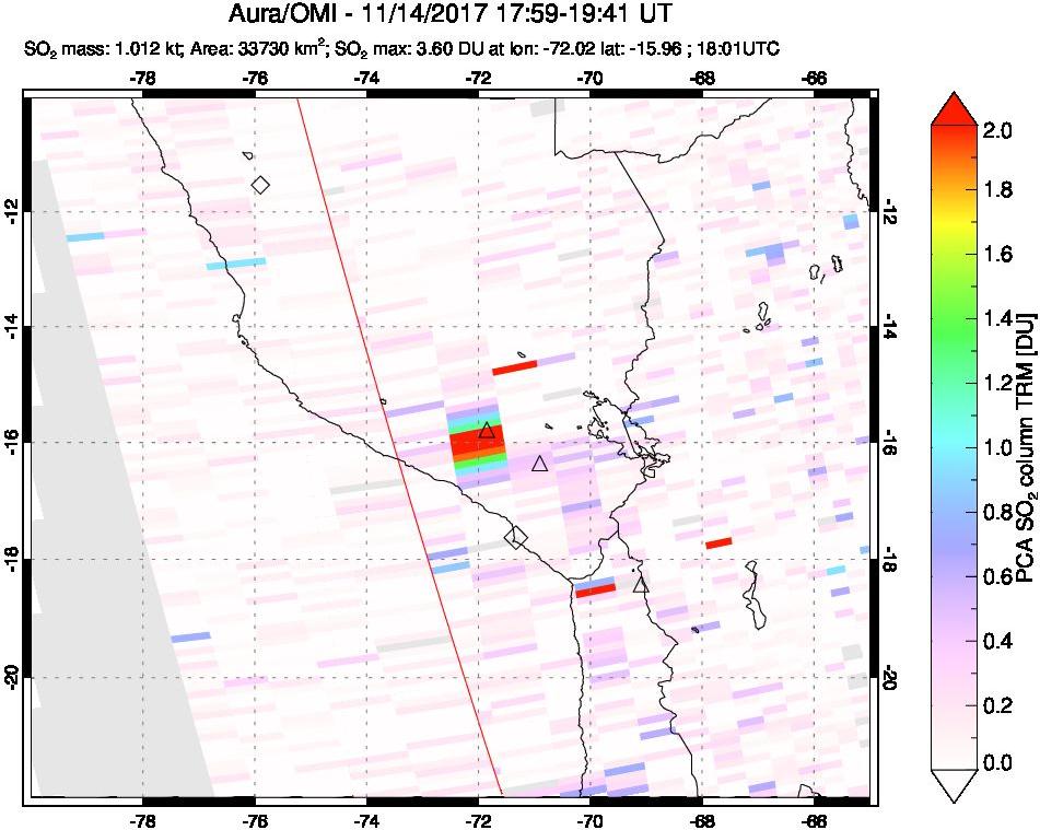 A sulfur dioxide image over Peru on Nov 14, 2017.