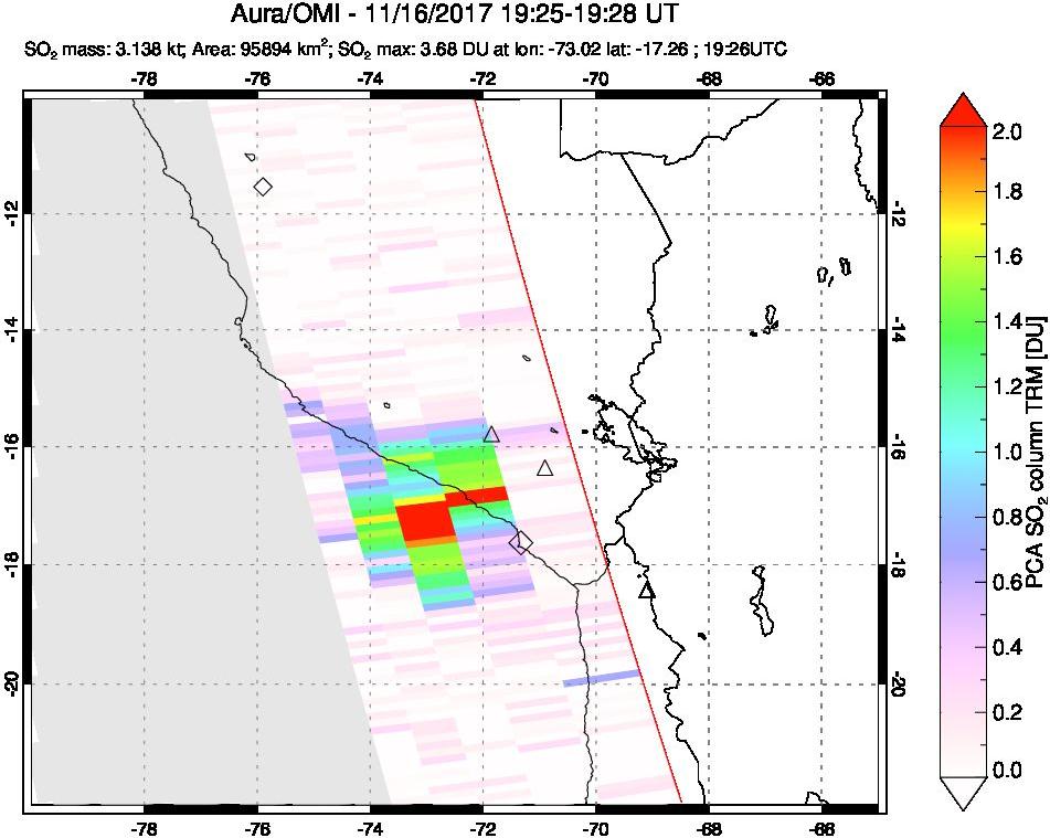 A sulfur dioxide image over Peru on Nov 16, 2017.