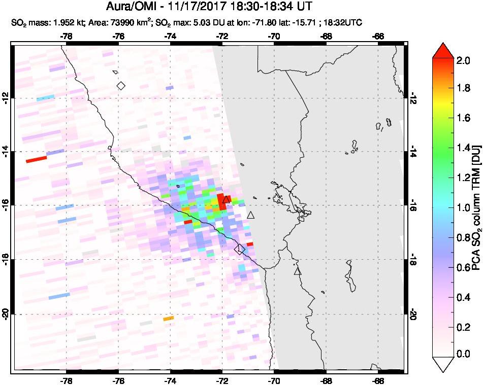 A sulfur dioxide image over Peru on Nov 17, 2017.