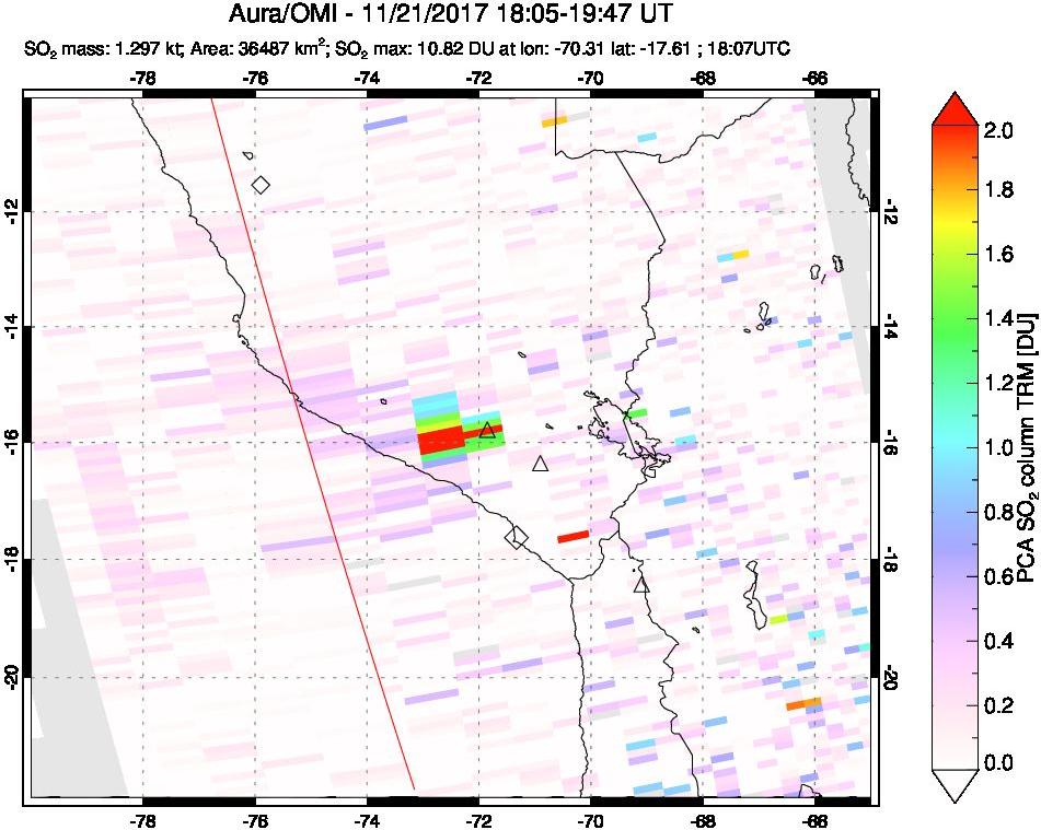 A sulfur dioxide image over Peru on Nov 21, 2017.