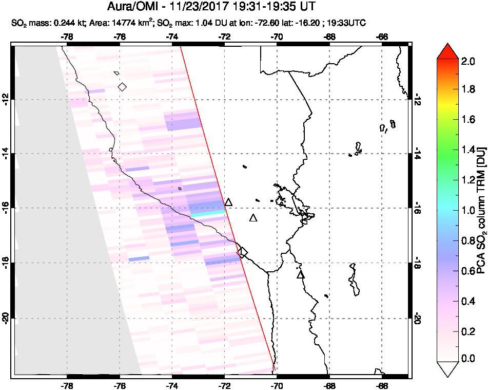 A sulfur dioxide image over Peru on Nov 23, 2017.