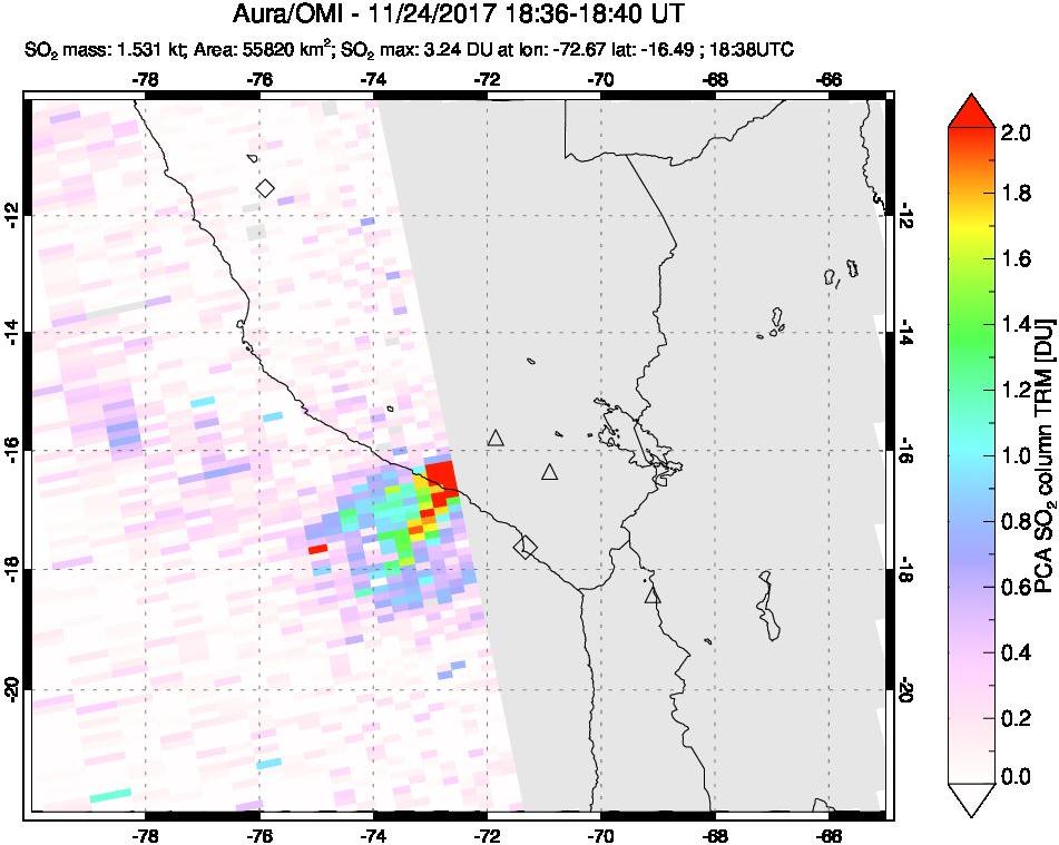 A sulfur dioxide image over Peru on Nov 24, 2017.