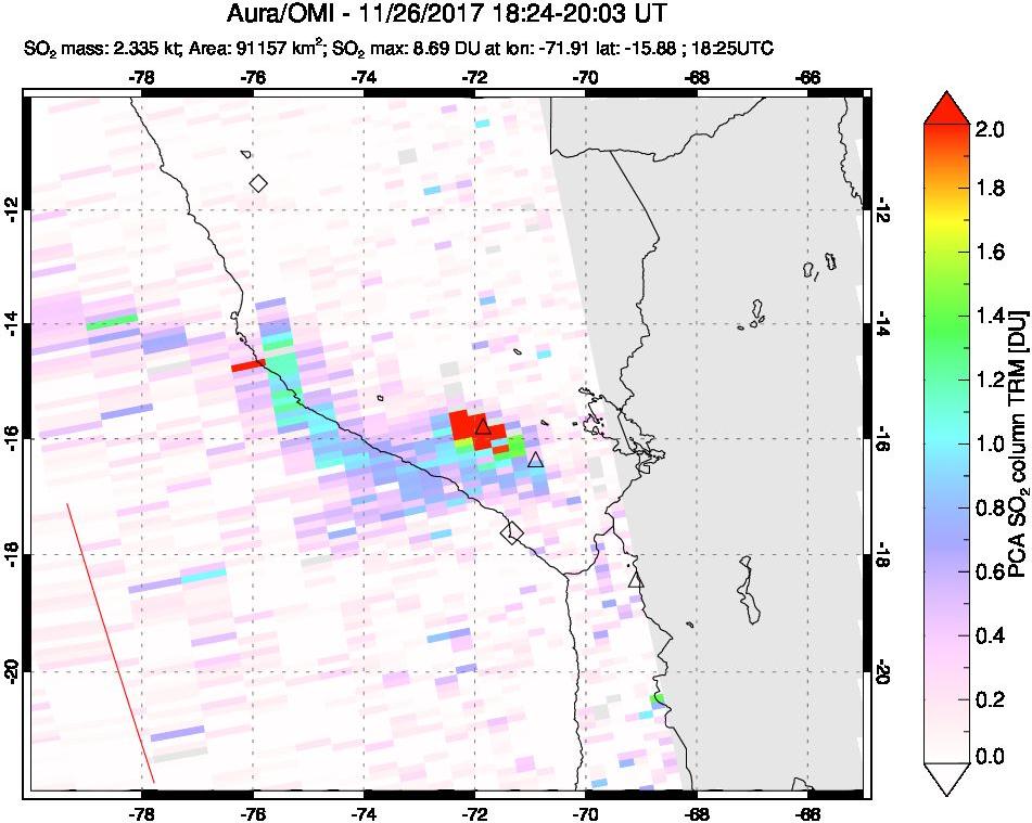 A sulfur dioxide image over Peru on Nov 26, 2017.