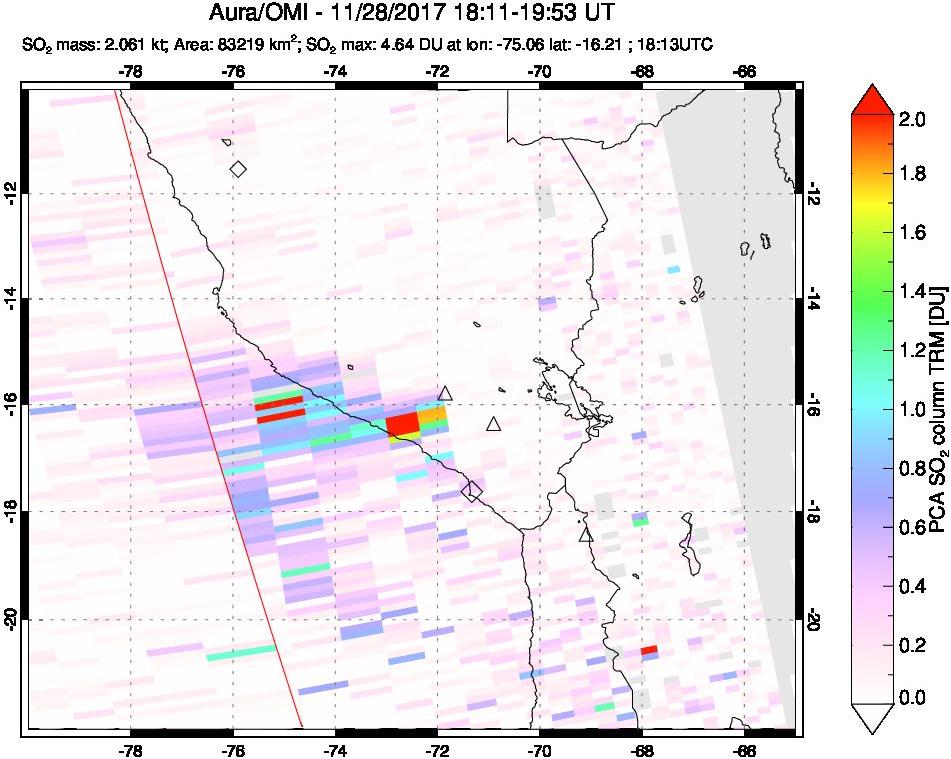 A sulfur dioxide image over Peru on Nov 28, 2017.