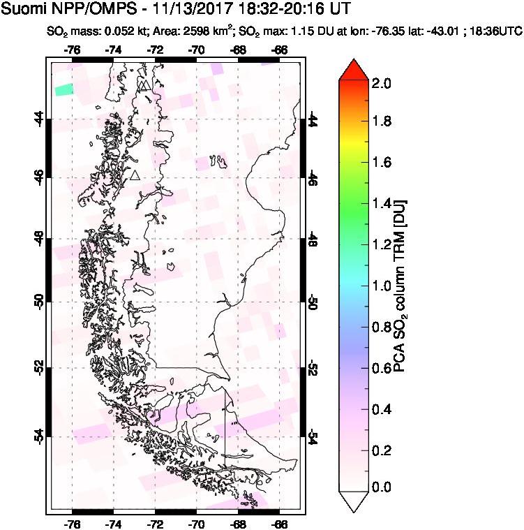 A sulfur dioxide image over Southern Chile on Nov 13, 2017.