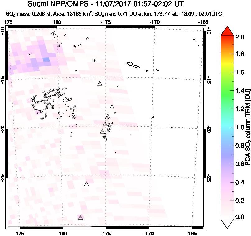 A sulfur dioxide image over Tonga, South Pacific on Nov 07, 2017.