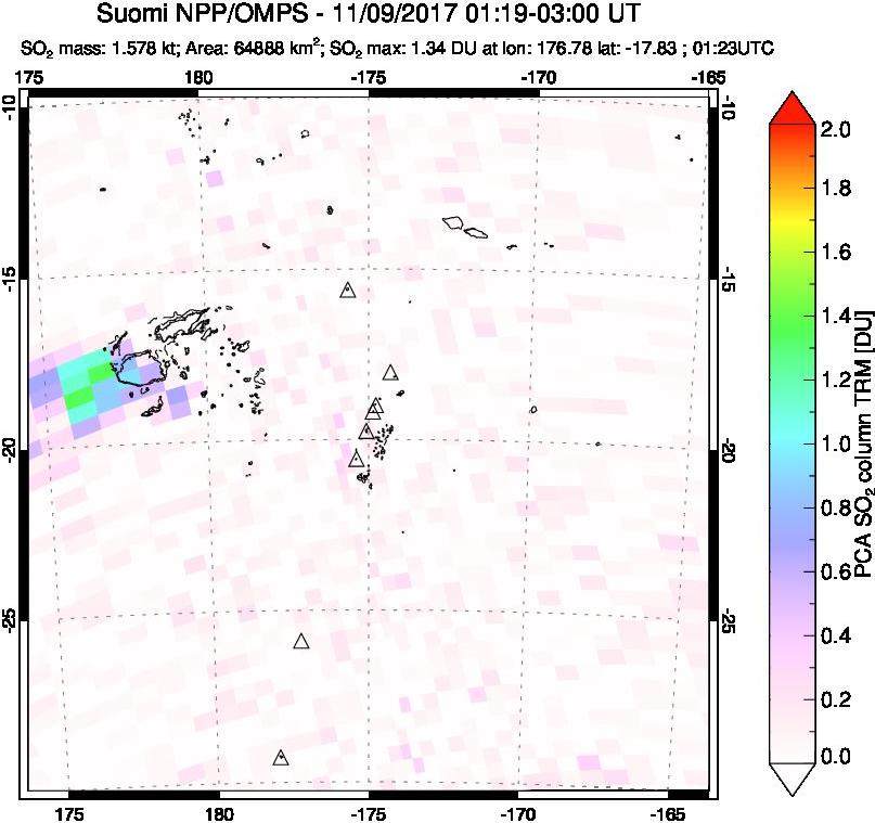 A sulfur dioxide image over Tonga, South Pacific on Nov 09, 2017.