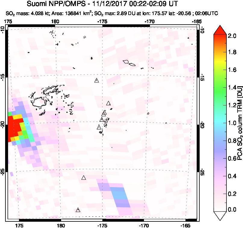 A sulfur dioxide image over Tonga, South Pacific on Nov 12, 2017.