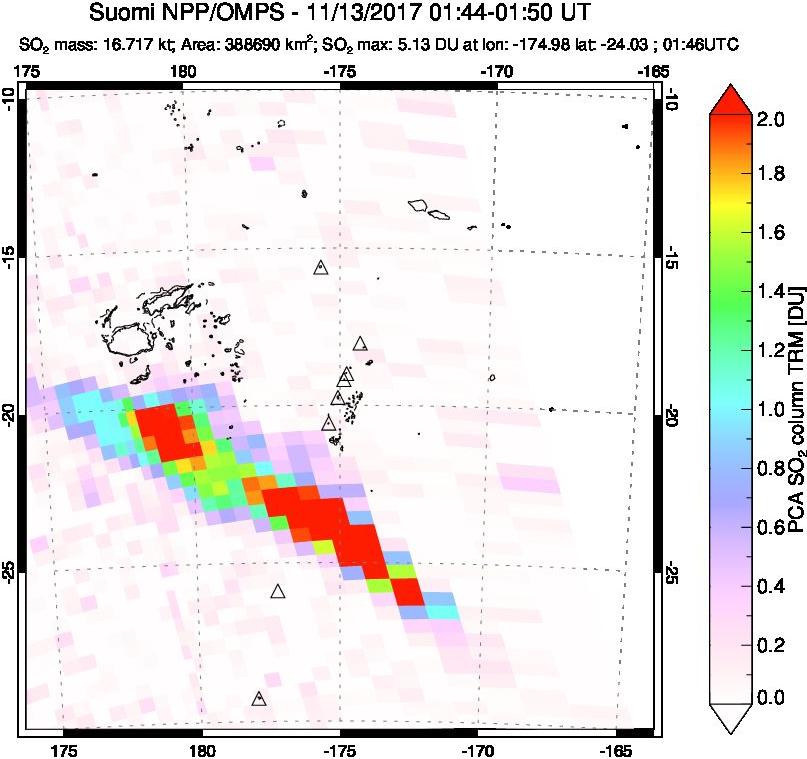 A sulfur dioxide image over Tonga, South Pacific on Nov 13, 2017.