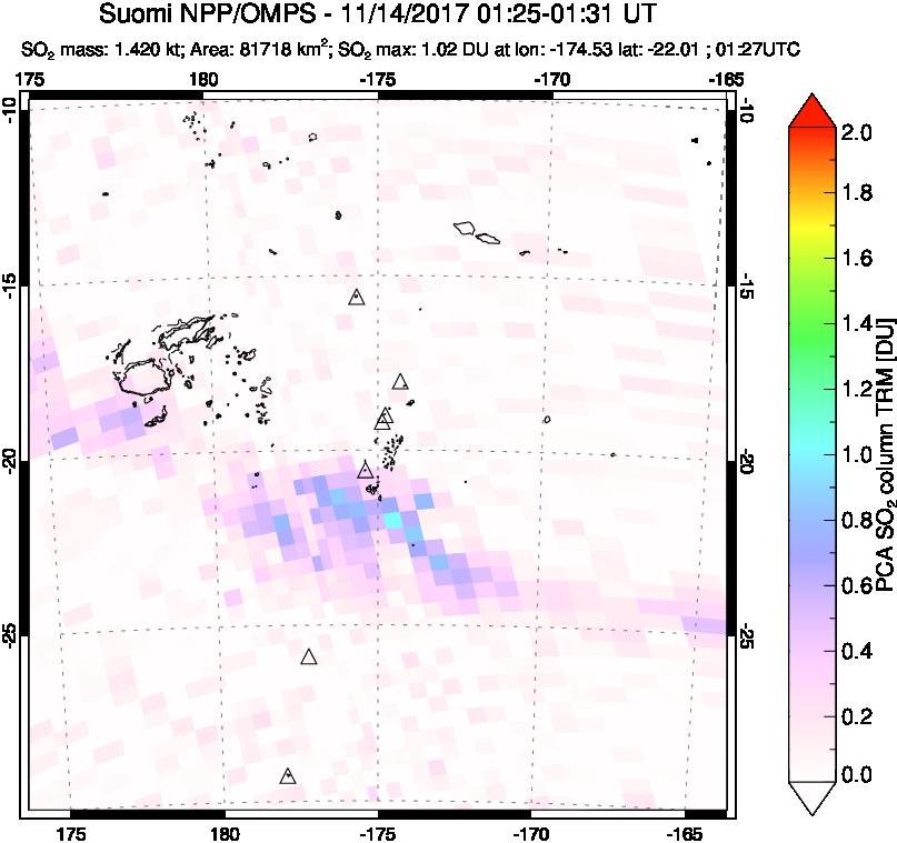 A sulfur dioxide image over Tonga, South Pacific on Nov 14, 2017.