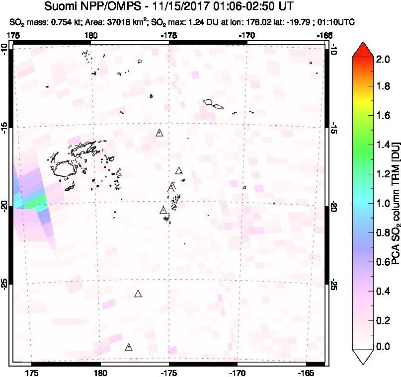 A sulfur dioxide image over Tonga, South Pacific on Nov 15, 2017.