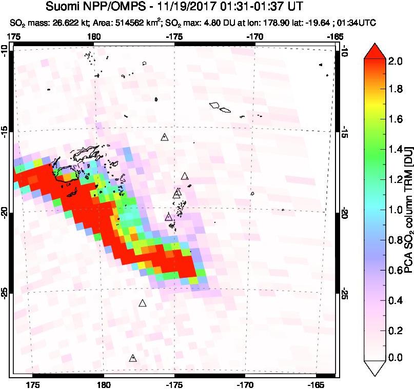 A sulfur dioxide image over Tonga, South Pacific on Nov 19, 2017.