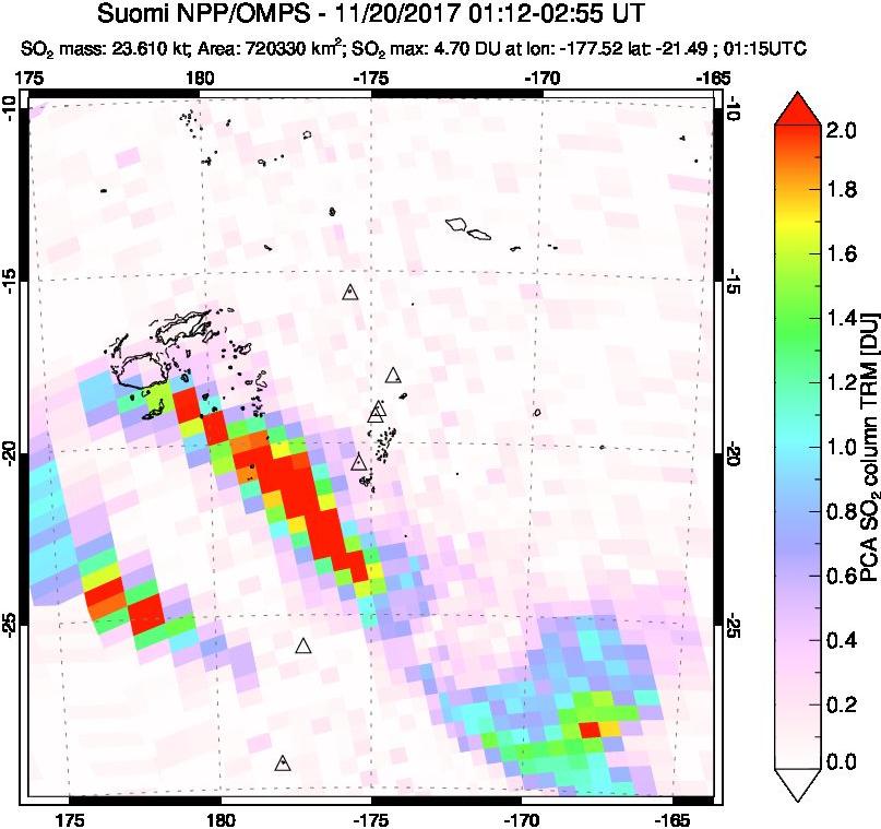 A sulfur dioxide image over Tonga, South Pacific on Nov 20, 2017.