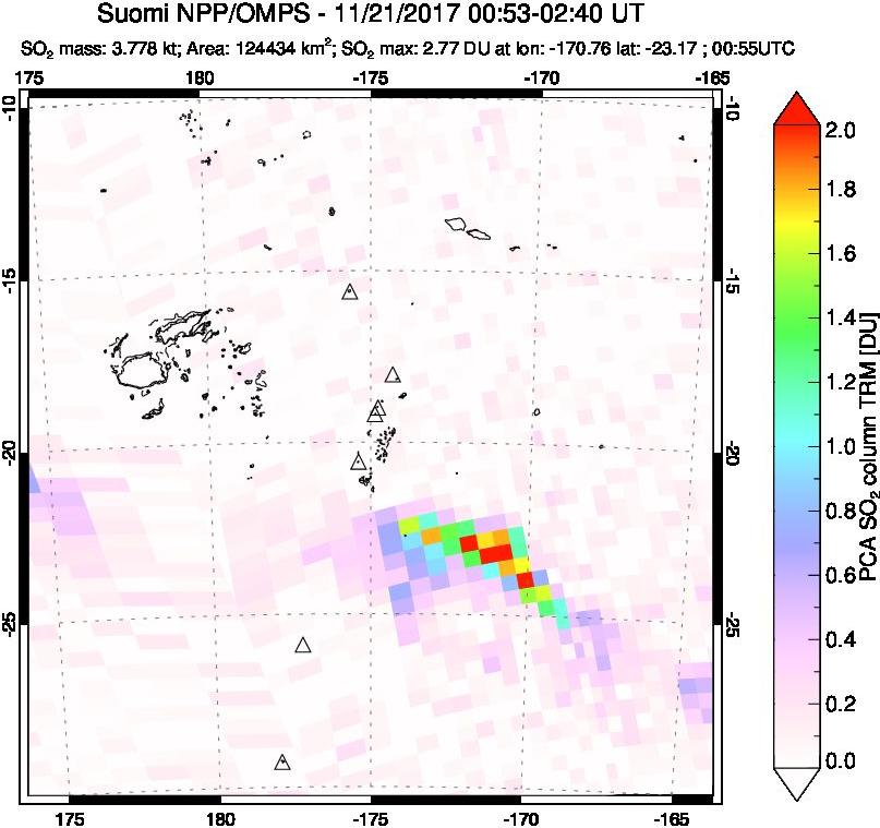 A sulfur dioxide image over Tonga, South Pacific on Nov 21, 2017.