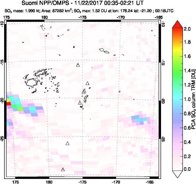 A sulfur dioxide image over Tonga, South Pacific on Nov 22, 2017.